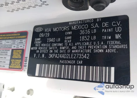 2020 Kia Rio S z USA, uszkodzony, nr VIN 3KPA24AD2LE273542